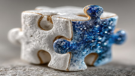 Two puzzle pieces, one white and one blue, fit together in this macro shot. The image displays textured surfaces with detailed patterns and subtle color variations. The lighting appears soft, possibly from a studio environment. This image could be used for conceptual projects, business presentations, or educational materials.の素材