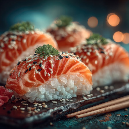 This image showcases meticulously prepared sushi with vibrant orange salmon atop fluffy white rice. The composition highlights the texture and detail of the food. Warm lighting suggests an indoor setting, possibly a restaurant or dining area, with potential for use in culinary, food, or lifestyle publications.の素材