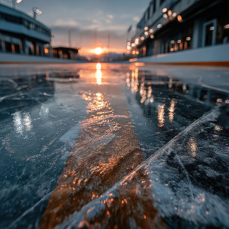 This image showcases a close-up of a cracked ice surface, reflecting the warm tones of a sunset. The composition highlights the texture of the ice with visible cracks and patterns. The image features a shallow depth of field, with soft lighting and a focus on the reflections. Suitable for editorial and commercial use.の素材