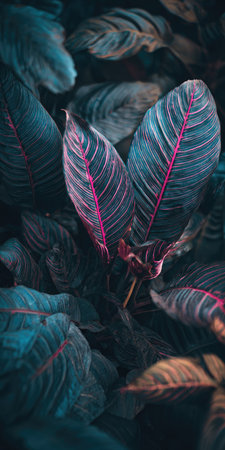 An overhead shot reveals lush green leaves with distinctive pink and blue veins, showcasing a complex natural pattern. The photograph emphasizes texture and detail, possibly indicating a natural environment or indoor plant setting. Suitable for various applications, this image is suitable for design, editorial, or commercial purposes.の素材