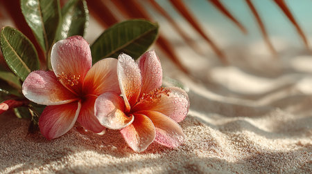 Two delicate plumeria flowers with soft pink and yellow hues rest on textured sand. Green leaves provide contrast, while a blurred background suggests a sunny environment. The image uses natural light and a shallow depth of field, suitable for various editorial and commercial applications.の素材