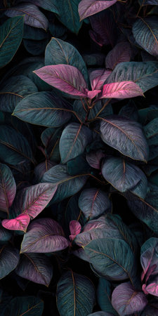 An overhead shot reveals lush foliage featuring deep green leaves complemented by hints of pink and magenta. The composition displays a rich texture and organic patterns. Suitable for visual elements related to natural environments, design, or decorative projects. Can be applied to various commercial purposes.の素材