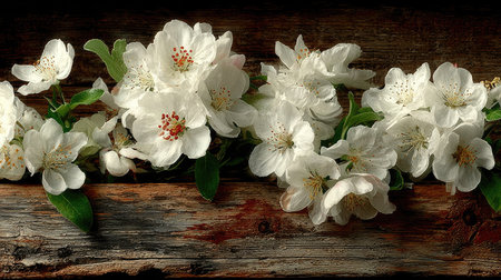 This image showcases delicate white blossoms arranged on a textured wooden surface. The composition highlights the soft petals and vibrant green leaves against the dark wood grain. The lighting suggests a natural setting. Suitable for various commercial applications, it could be used in design projects or editorial content.の素材