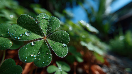 This image showcases a close-up of clover leaves with water droplets, highlighting their vibrant green color and delicate texture. The blurred background suggests an outdoor environment with soft lighting. The composition and detail make it suitable for various commercial uses, including website design and marketing materials.の素材