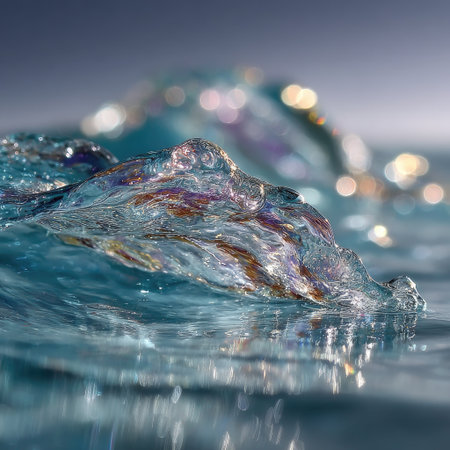 This image showcases the dynamic form of water with vibrant blue hues and a soft, blurred background. The composition highlights the texture and transparency of the water, illuminated by light. Suitable for various creative projects, this image may find application in advertising or design contexts.の素材