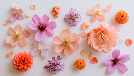 An overhead view reveals an assortment of various colorful flowers scattered across a white surface. The composition showcases flowers in shades of pink, orange, and purple, with delicate petals. This image presents a bright and fresh aesthetic suitable for a variety of applications.の素材