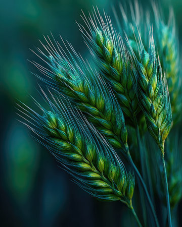 This close-up showcases vivid green wheat stalks with detailed textures against a dark, contrasting backdrop. The image utilizes selective focus to highlight the plant's intricate structure, emphasizing its natural beauty. The composition creates a sense of depth and invites exploration of the organic forms, suitable for editorial and commercial applications.の素材