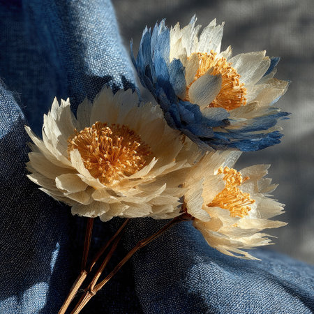 This image showcases three artificial flowers with layered, delicate petals in shades of cream and blue, centered with textured yellow stamens. The composition presents a close-up, highlighting the floral details against a blurred fabric background, possibly taken indoors. Suitable for various applications, including design projects and decorative purposes.の素材