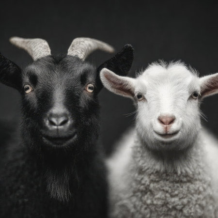 Two goats are centered in a studio-style shot with a dark backdrop. The animals display contrasting fur colors; one is black, the other white. The image exhibits a high level of detail, with visible fur texture and eye detail. It could be used for various commercial or editorial purposes.の素材