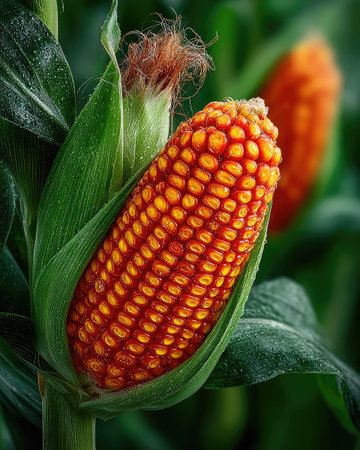 This close-up image showcases a mature corn cob nestled within its vibrant green leaves. The kernels display a rich orange hue, highlighted by natural sunlight. The composition focuses on texture and detail, suggesting a farm setting. This image is suitable for agricultural, food-related, or editorial projects.の素材