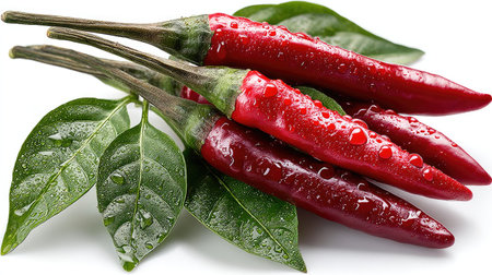 This image showcases several bright red chili peppers with green leaves. The composition features close-up details, highlighting the texture and color contrast. Water droplets suggest freshness. The photograph's lighting creates shadow. Suitable for food-related projects, culinary content, and various editorial needs.の素材