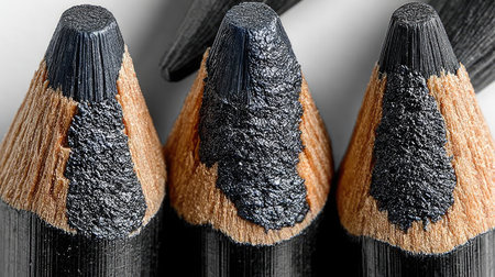 This close-up image showcases three pencils, revealing the graphite core and the natural texture of the wood. The composition uses macro-photography to highlight detail. The lighting emphasizes the texture and form, while the neutral background focuses attention on the objects. Suitable for various commercial and editorial applications, emphasizing stationery and creative endeavors.の素材