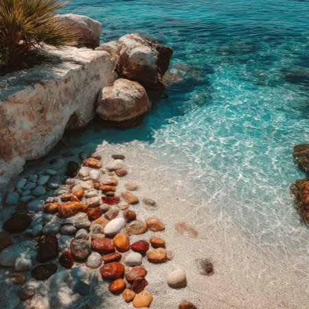 A vibrant coastal scene presents clear turquoise water gently lapping against a sandy shore. Rounded rocks of varying sizes and colors dot the foreground and coastline. The composition suggests a sunlit environment enhancing the natural beauty of the area. This image is suitable for travel, nature, or environmental themes.の素材