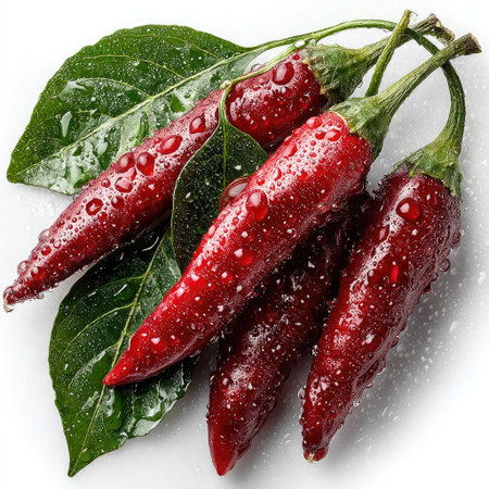 This image showcases a collection of vivid red chili peppers with glistening water droplets, resting against vibrant green leaves. The composition highlights the peppers' texture and color, capturing their fresh appearance. Ideal for culinary or agricultural concepts, it might be used in editorial or commercial projects.の素材
