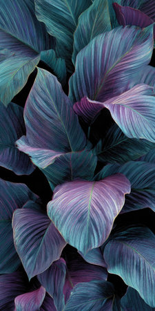 This image features a detailed view of lush, textured leaves in shades of teal, purple, and hints of pink. The composition highlights the intricate veining and patterns of the foliage, suggesting a natural environment. This image could be used for various design projects, decorative purposes, or editorial content.の素材