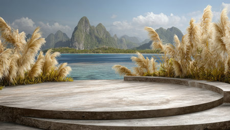 A scenic view shows a round platform with tall, dried reeds in the foreground. Turquoise water meets a backdrop of distant mountains under a blue sky. The composition emphasizes the natural beauty, with neutral colors and soft lighting, suitable for various promotional or artistic applications.の素材