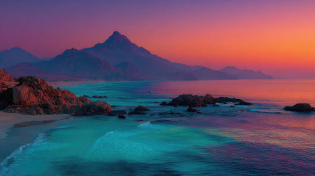 A tranquil coastal scene depicts a mountain range against a colorful sunset. The water shimmers with turquoise hues, complementing the warm tones of the sky. The composition emphasizes the natural beauty, creating a peaceful ambiance. Suitable for editorial and commercial applications related to travel, nature, and relaxation.の素材