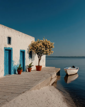 An exterior shot showcases a white building with blue doors and potted plants. A tree with yellow flowers stands nearby. A small boat rests on calm water under a clear, blue sky. This scene, with its natural lighting, could be used for various commercial and editorial purposes.の素材