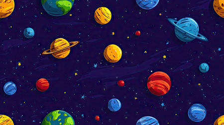 This vibrant illustration depicts a multitude of planets and stars against a dark blue background. The artwork features planets with various colors and textures, suggesting a fantasy or science fiction theme. It could be used for educational materials, website backgrounds, or creative design projects.の素材