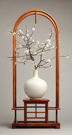 A refined composition features a white vase holding delicate flowering branches, presented on a wooden stand. The arrangement is framed by a curved wooden structure, creating a sense of balance. The image displays soft lighting and a neutral background, suitable for various decorative or editorial applications.の素材