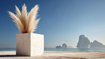 A tall arrangement of pampas grass sits in a square concrete pot, placed on a sandy beach. The image features a clear blue sky, a calm turquoise ocean, and distant mountain silhouettes. The composition uses a minimalist style with soft lighting, suggesting a serene outdoor environment suitable for various commercial applications.の素材