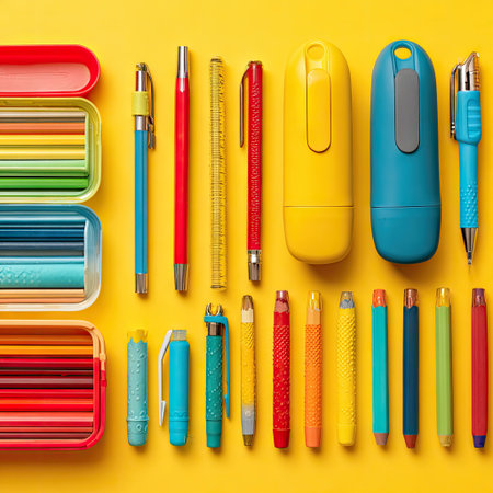 An overhead shot showcases a diverse array of stationery supplies, including pens, pencils, and erasers, arranged against a bright yellow background. The composition highlights various colors and textures, creating a visually appealing arrangement. Suitable for illustrating educational, creative, or organizational concepts, the image has potential for commercial or editorial use.の素材