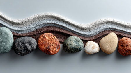 A collection of smooth, colorful stones is arranged alongside a textured, wavy element. The composition showcases a variety of hues and organic forms against a neutral background. The image's clean lines and contrasting textures could be used in design projects or for conceptual purposes.の素材