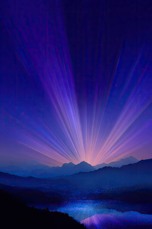 A scenic landscape showcases mountain silhouettes under a vibrant sky. The image features a burst of radiant light emanating from the horizon, creating a striking visual contrast. The cool color palette enhances the dramatic mood. This image is suitable for various commercial uses, including website backgrounds and editorial content.の素材