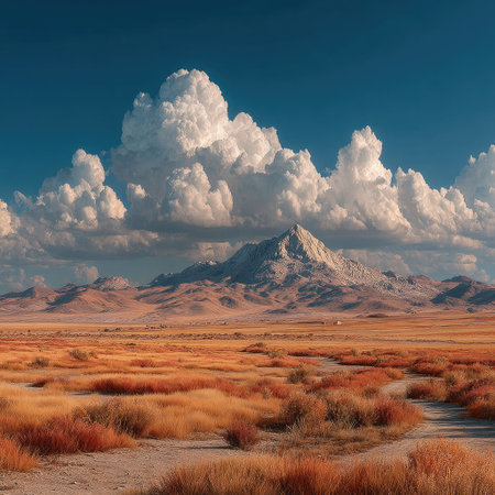 An expansive outdoor scene showcases a mountain range under a dynamic sky filled with large, white clouds. The landscape presents earthy tones of brown and orange with a path winding through the terrain. This image could be used for various projects, including advertising or editorial content.の素材