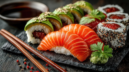 An assortment of colorful sushi rolls and nigiri are presented on a dark slate surface, accompanied by chopsticks and a small dish of sauce. The composition highlights the fresh ingredients, vibrant colors, and meticulous preparation, suggesting a culinary experience. This image could be used for food-related projects or advertising.の素材