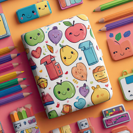 A vibrant assortment of stationery items is arranged on a bright surface. A central notebook features cartoon fruit illustrations in playful colors. Pencils, erasers and other supplies surround the notebook. This arrangement suggests creative themes for educational purposes, design concepts, and related commercial projects.の素材
