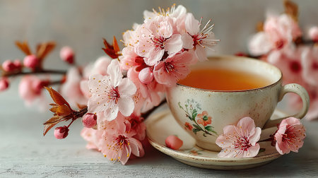 A close-up captures a cup of tea, accompanied by a saucer and surrounded by blooming pink flowers. The composition highlights soft pastel colors and textures, suggesting a tranquil setting. The image may be suitable for wellness, lifestyle, or design-related projects.の素材