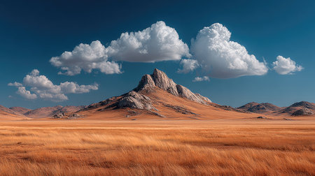 A vast desert scene displays a prominent mountain range beneath a bright blue sky filled with puffy white clouds. The landscape features tan grasses and sand, suggesting an open, expansive environment. Ideal for various commercial uses, this image captures the natural beauty of the desert.の素材