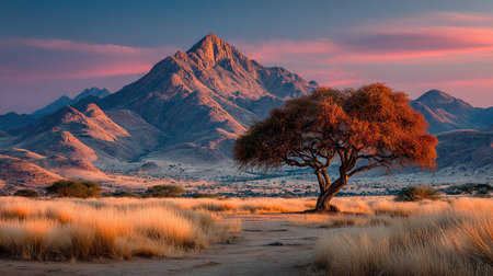 A scenic landscape showcases a lone tree in the foreground with a mountain backdrop. Warm hues of orange and red dominate the sky, contrasting with the cooler tones of the mountain. The composition and lighting are ideal for various commercial and editorial applications, offering a sense of tranquility and natural beauty.の素材