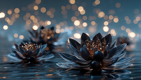 This image features several dark lotus flowers resting on a tranquil water surface. The composition uses shallow depth of field, with soft focus bokeh lights in the background. The lighting creates a serene atmosphere. Suitable for artistic projects, design elements, or concepts related to nature and aesthetics.の素材