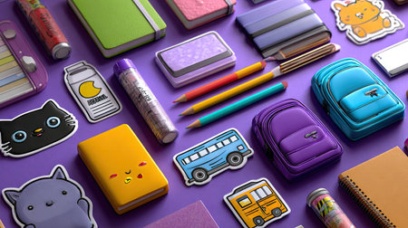 An overhead view displays a collection of school supplies. The composition includes notebooks, pencils, and sticker illustrations arranged on a purple background. The image showcases a vibrant mix of colors. This arrangement creates a visually engaging presentation suitable for educational or promotional contexts.の素材