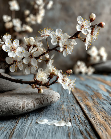 Close-up shot shows white blossoms on dark branches, arranged on a gray stone with a blurred background. The composition highlights textures and tones, with the petals and wood grains. Suitable for spring themes, nature-related projects, and artistic presentations with copy space.の素材