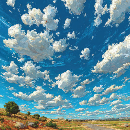 An artistic depiction presents a vast expanse of blue sky dotted with voluminous white clouds. The artwork showcases soft textures and a painterly style, with a dynamic composition. This imagery could be useful for projects related to natural beauty and atmospheric elements for illustrative purposes.の素材
