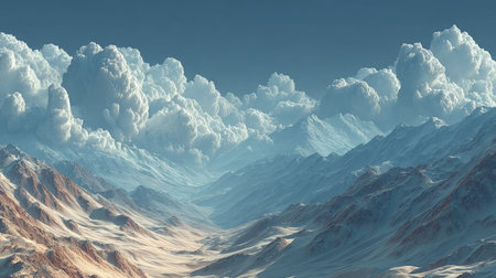 An aerial perspective showcases a vast mountain range under a cloudy sky. The image features a cool color palette with prominent blues and whites, creating depth and dimension. It could be used for various projects, including editorial features, background designs, or visual storytelling.の素材