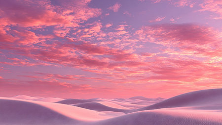 A striking visual features a vibrant, colorful sky dominating the scene above rolling, dune-like forms. The image showcases a palette of pink, purple, and white hues suggesting a sunset or sunrise. Its serene and expansive composition evokes a sense of tranquility, suitable for various editorial and commercial applications.の素材