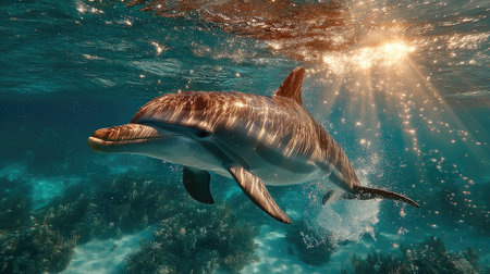 A dolphin gracefully swims underwater, captured in a dynamic composition. The image showcases a vibrant play of light, filtering through the water. Its sleek form is emphasized by the sun's rays. This photo is suitable for various commercial purposes, including advertising and editorial content related to marine life.の素材