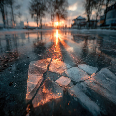 A close-up view presents shattered ice fragments reflecting the warm glow of a sunset. The image displays a range of colors, from amber to deep blues, creating a high-contrast aesthetic. The composition suggests an outdoor winter environment, possibly usable for articles or creative projects.の素材