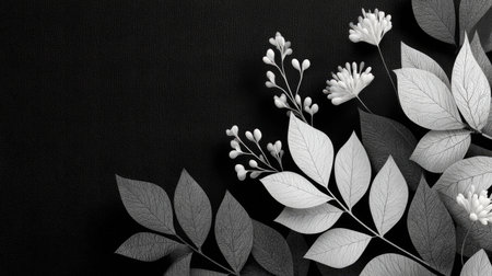 A grayscale image showcases an arrangement of stylized leaves and blossoms against a black backdrop. The composition features varying tones of gray, creating a delicate contrast. This studio-style image could be utilized for various commercial purposes, including design elements or marketing materials.の素材