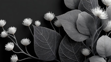 A grayscale illustration displays a botanical arrangement featuring delicate white flowers and large, textured leaves. The composition is set against a dark background, creating a high-contrast visual. The image's clean aesthetic lends itself to various commercial applications, including design projects and decorative purposes.の素材