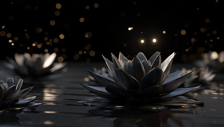 The image features dark lotus flowers delicately placed on a reflective surface. The composition showcases a low-angle perspective with soft lighting and a blurred bokeh effect, emphasizing the depth of field. This visual can be utilized for various commercial purposes, including design and aesthetic applications.の素材