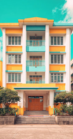 A vertical view presents a vibrant school building featuring a blend of white, yellow, and blue hues. The structure has multiple levels and windows, and a set of stairs leads to the main entrance. The sky is clear, suggesting a sunny day. This image is suitable for educational materials and architectural designs.の素材