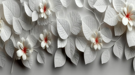 This image features a delicate floral arrangement of white flowers and leaves. The composition is set against a soft, light background, creating a serene and elegant feel. The details are crisp and the lighting is diffused, giving a sense of depth and dimension, suitable for decorative and design applications.の素材