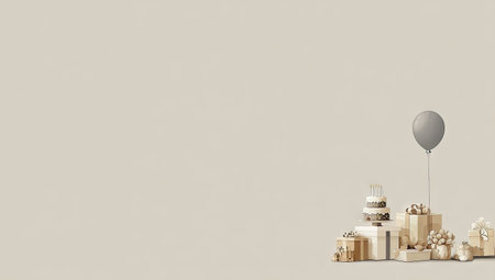 A festive composition showcases wrapped gifts, a layered cake, and a floating balloon against a pale backdrop. The image features soft lighting and a minimalist style. Suitable for celebratory projects and visual content, this versatile scene offers copy space for various editorial and commercial applications.の素材