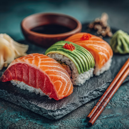 This image showcases a selection of fresh sushi nigiri on a black slate. The arrangement includes slices of salmon, avocado, and rice. The composition highlights the colors and textures of the food. It suggests a culinary setting, ideal for restaurant menus, food blogs, or editorial content related to cuisine.の素材