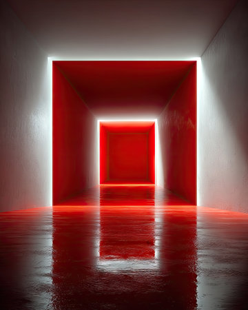 A striking visual features a red square structure within a white interior, illuminated by a glowing light source. The composition showcases geometric forms with reflective surfaces and bold color contrasts. This image could be suitable for various design projects, digital art, or conceptual illustrations.の素材